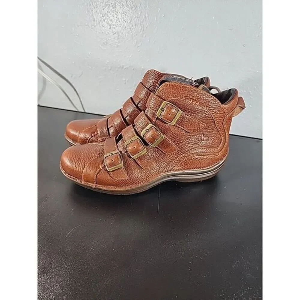 Bionico Boots 6.5 M Booties Brown Stitch Leather Multi Strap Ankle Zip Shoes‎
